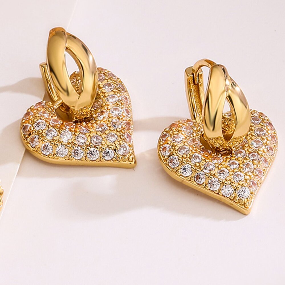 3/$35 18K Gold Plated Copper Heart Drop Dangle Earrings Cubic Zirconia